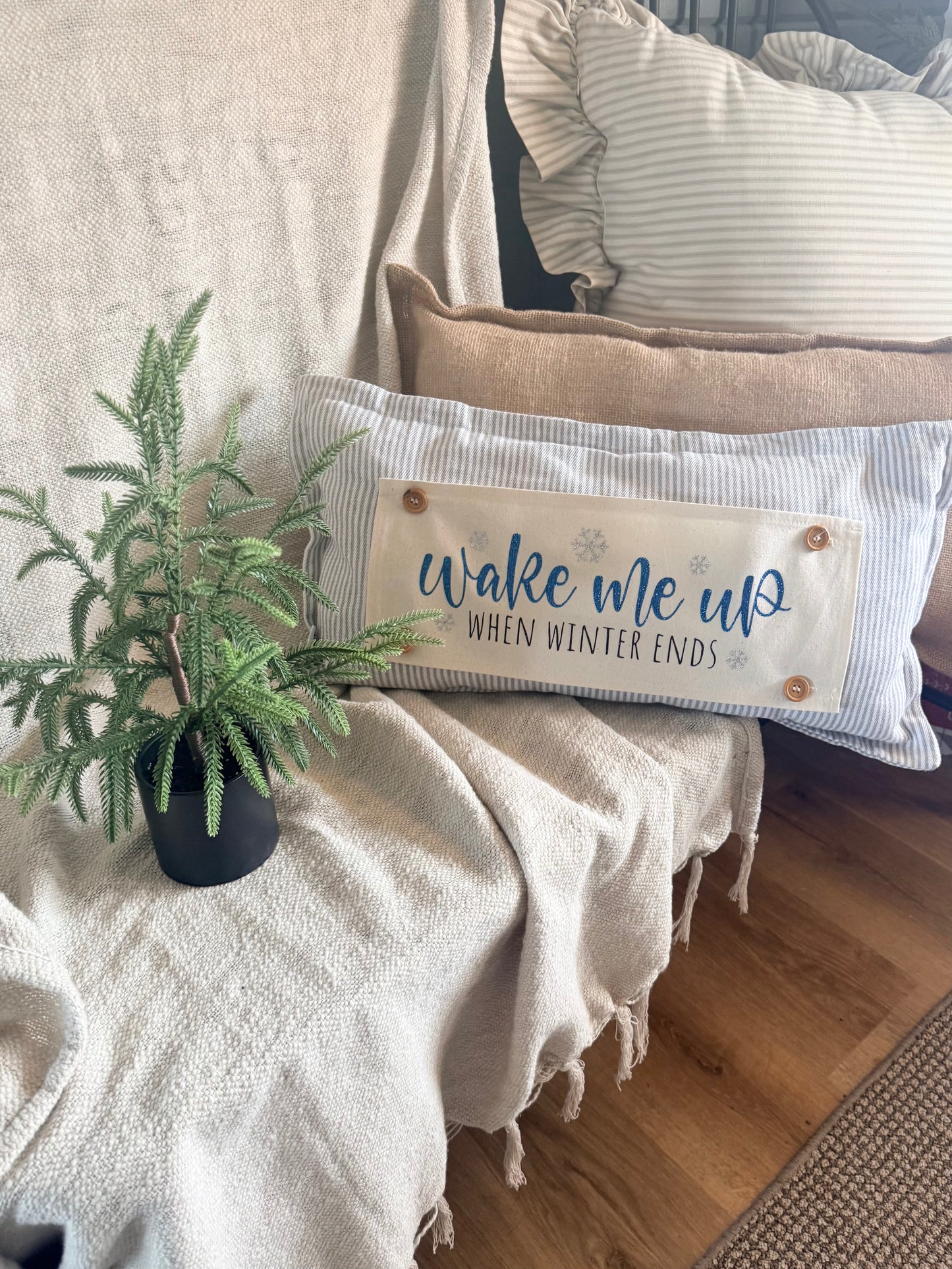 NEW!  Glitter Holiday Panel: Winter January Christmas Blue Brr Cold Snowflake Silver WAKE ME WHEN WINTER ENDS