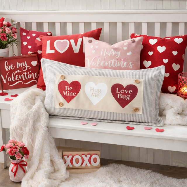 GLITTER PANEL ONLY:  RECTANGLE Glitter Holiday Panel throw pillow: Winter, Valentines Cherry Pink, Love, Spouse, Partner; GLITTER CONVERSATION HEARTS