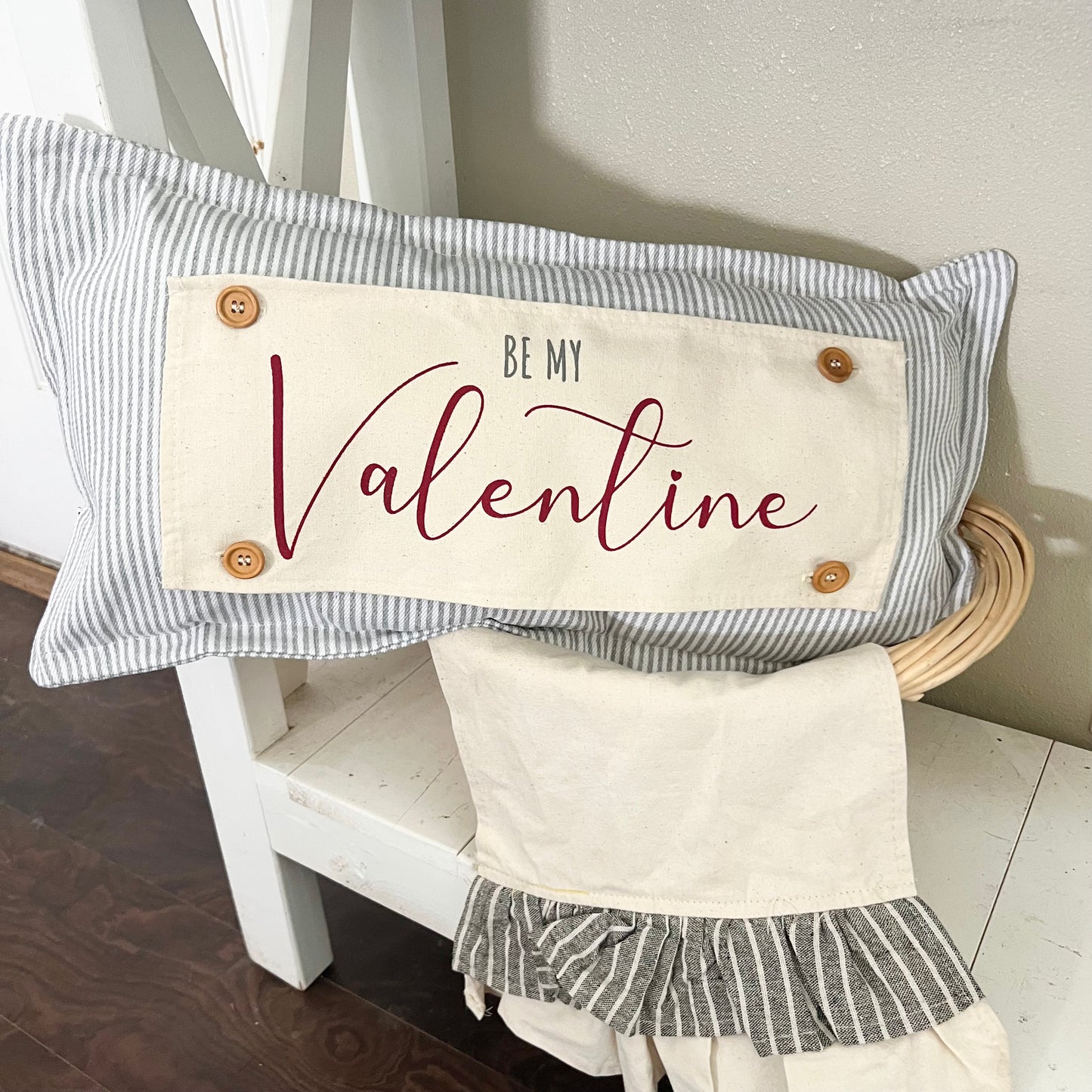 NEW! Custom WINTER Wedding Gift Bundle:  GRAY TICKING STRIPE pillow + custom last name, EVERGREENS / BE MY VALENTINE / CUSTOM PANEL
