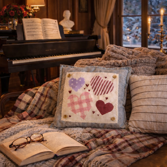 NEW! SQUARE BUNDLE SET: TICKING STRIPES PILLOW (comes with foam insert and these 3 panels in back pocket); Winter : SKI BENCH, HEARTS, PRESSED FLOWERS