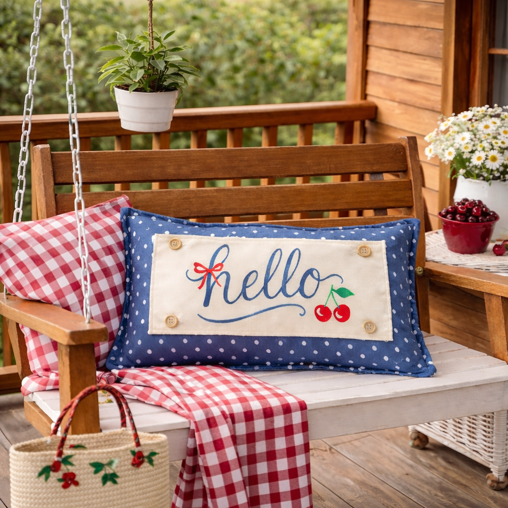 NEW! RECTANGLE SUMMER/FALL BUNDLE:  3 seasons +BLUE POLKA DOT pillow:  HELLO CHERRY, USA MAP, HOME SWEET HOME