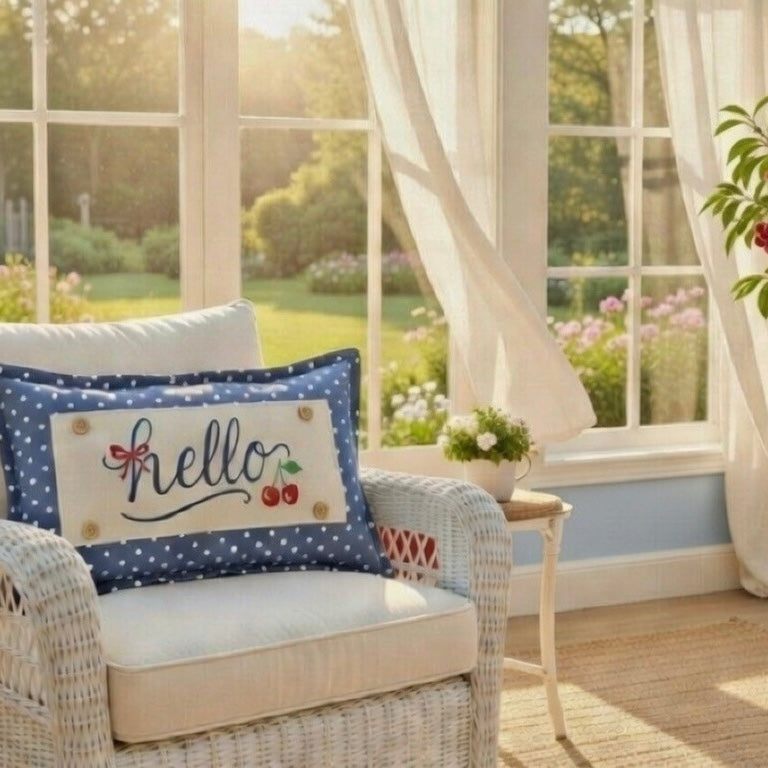 NEW! RECTANGLE SUMMER/FALL BUNDLE:  3 seasons +BLUE POLKA DOT pillow:  HELLO CHERRY, USA MAP, HOME SWEET HOME