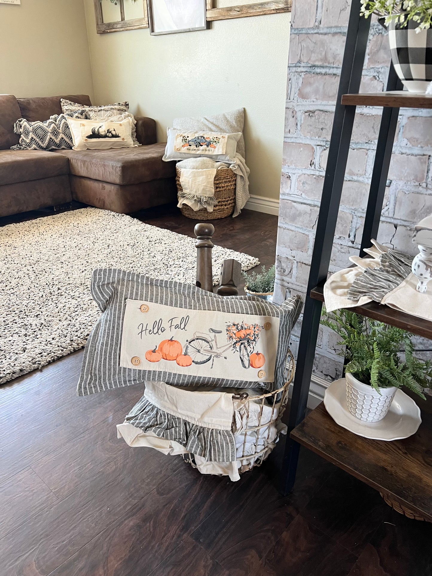 NEW! Custom FALL Wedding Gift Bundle:  GRAY TICKING STRIPE pillow + custom last name, FALL BIKE / MERRY & BRIGHT / CUSTOM PANEL