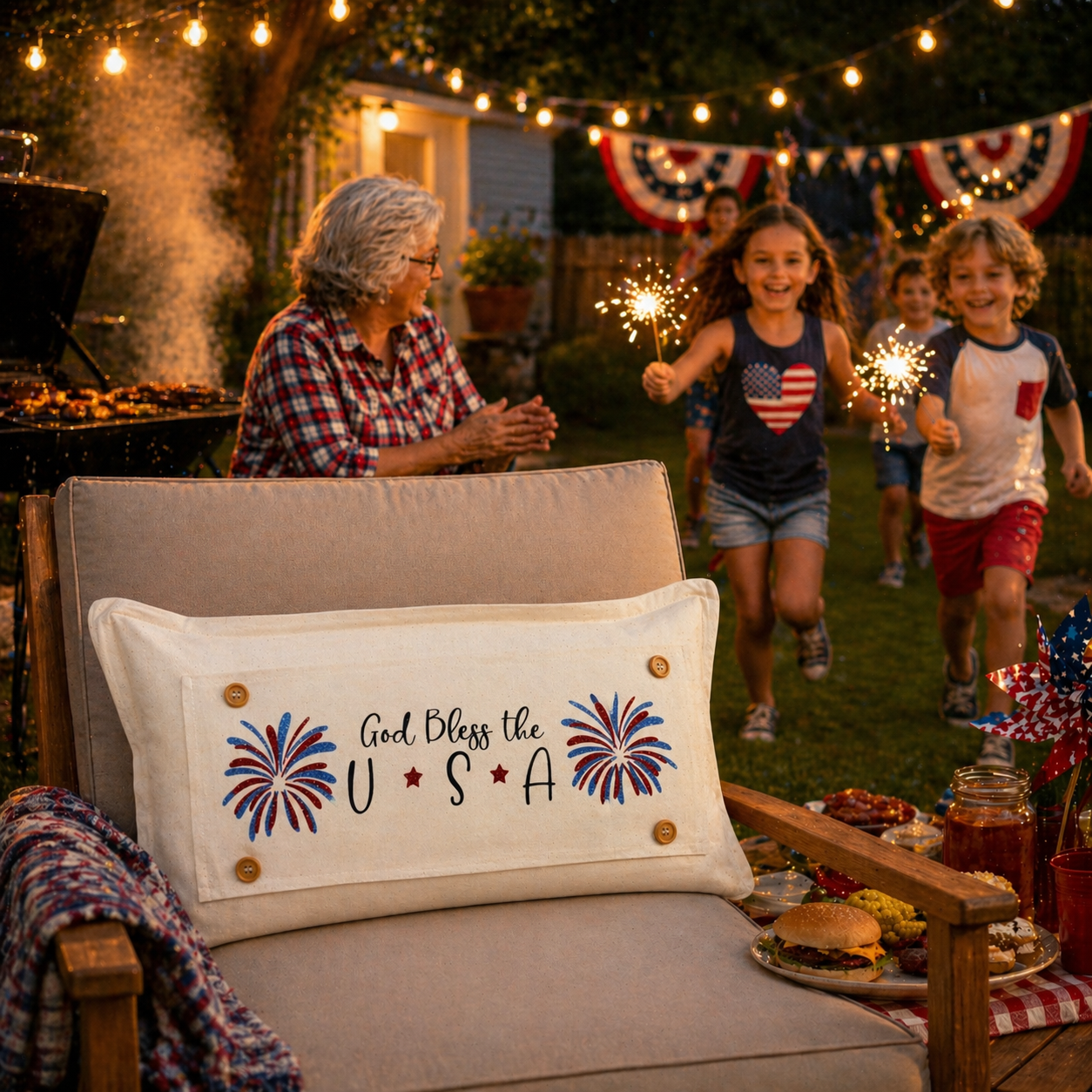 Glitter Holiday Panel: Summer BBQ American America Flag Old Glory Sparkly Fireworks GOD BLESS USA