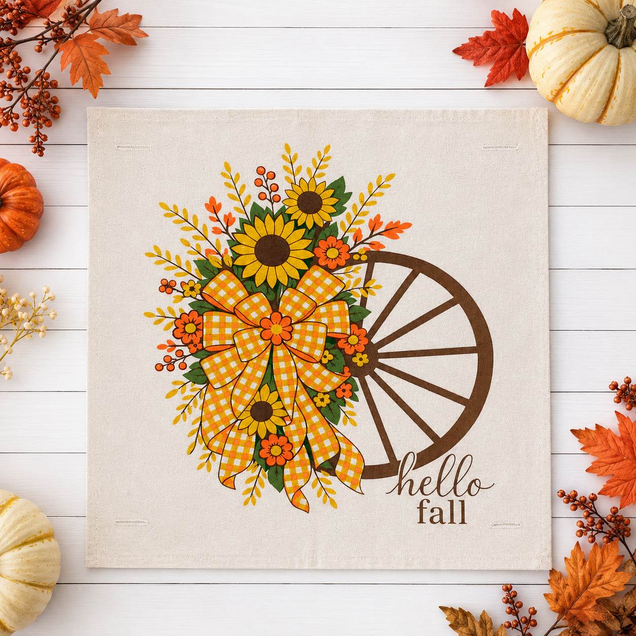 NEW!  PANEL ONLY: SQUARE Fall, Autumn  Fall Leaf Leaves Gingham Bow fall flowers wheat swag WAGON WHEEL