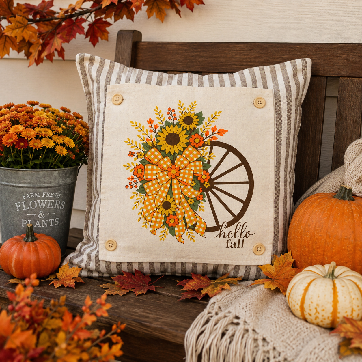 NEW!  PANEL ONLY: SQUARE Fall, Autumn  Fall Leaf Leaves Gingham Bow fall flowers wheat swag WAGON WHEEL