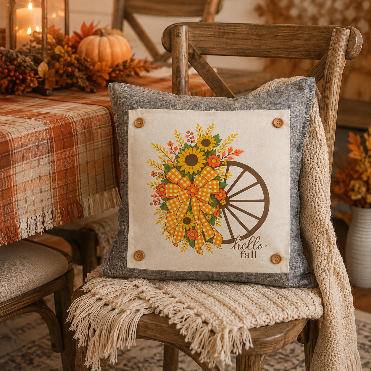 NEW!  PANEL ONLY: SQUARE Fall, Autumn  Fall Leaf Leaves Gingham Bow fall flowers wheat swag WAGON WHEEL
