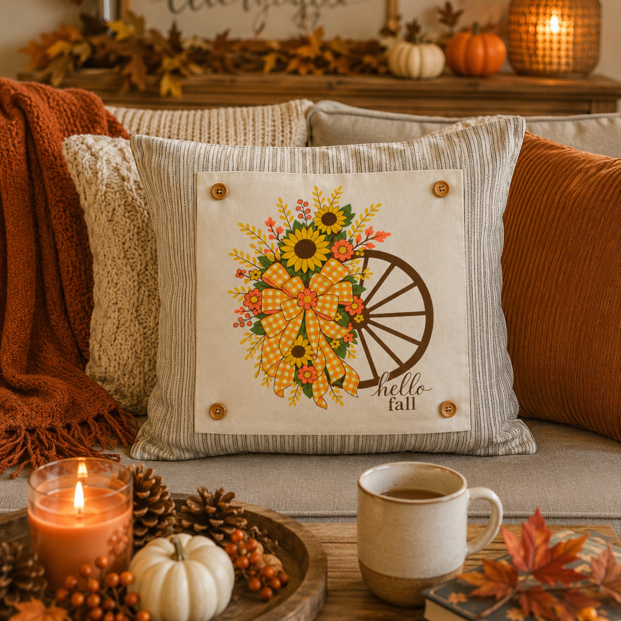 NEW!  PANEL ONLY: SQUARE Fall, Autumn  Fall Leaf Leaves Gingham Bow fall flowers wheat swag WAGON WHEEL