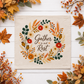 NEW!  PANEL ONLY: SQUARE Fall Autumn leaves wreath GATHER IN AND REST
