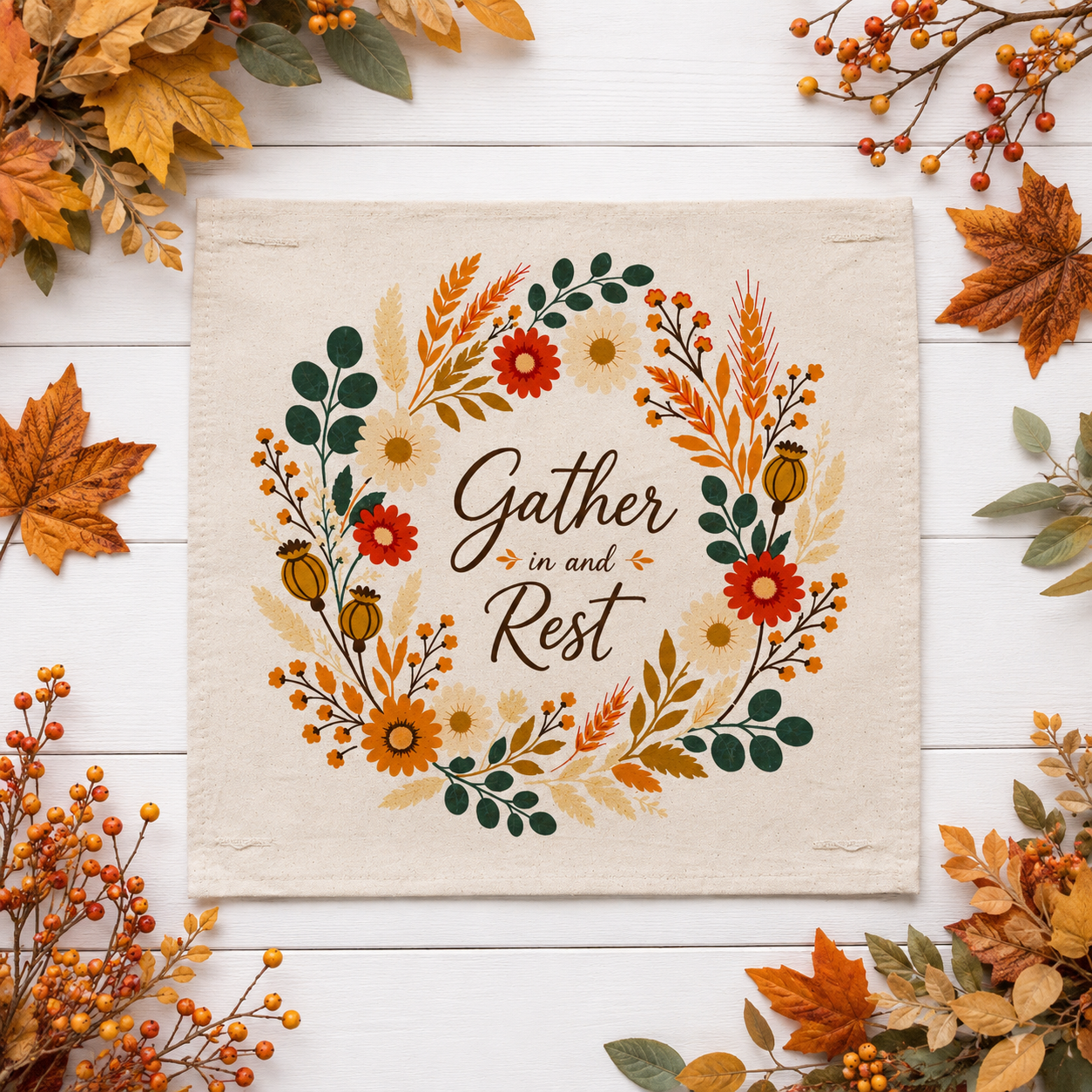 NEW!  PANEL ONLY: SQUARE Fall Autumn leaves wreath GATHER IN AND REST