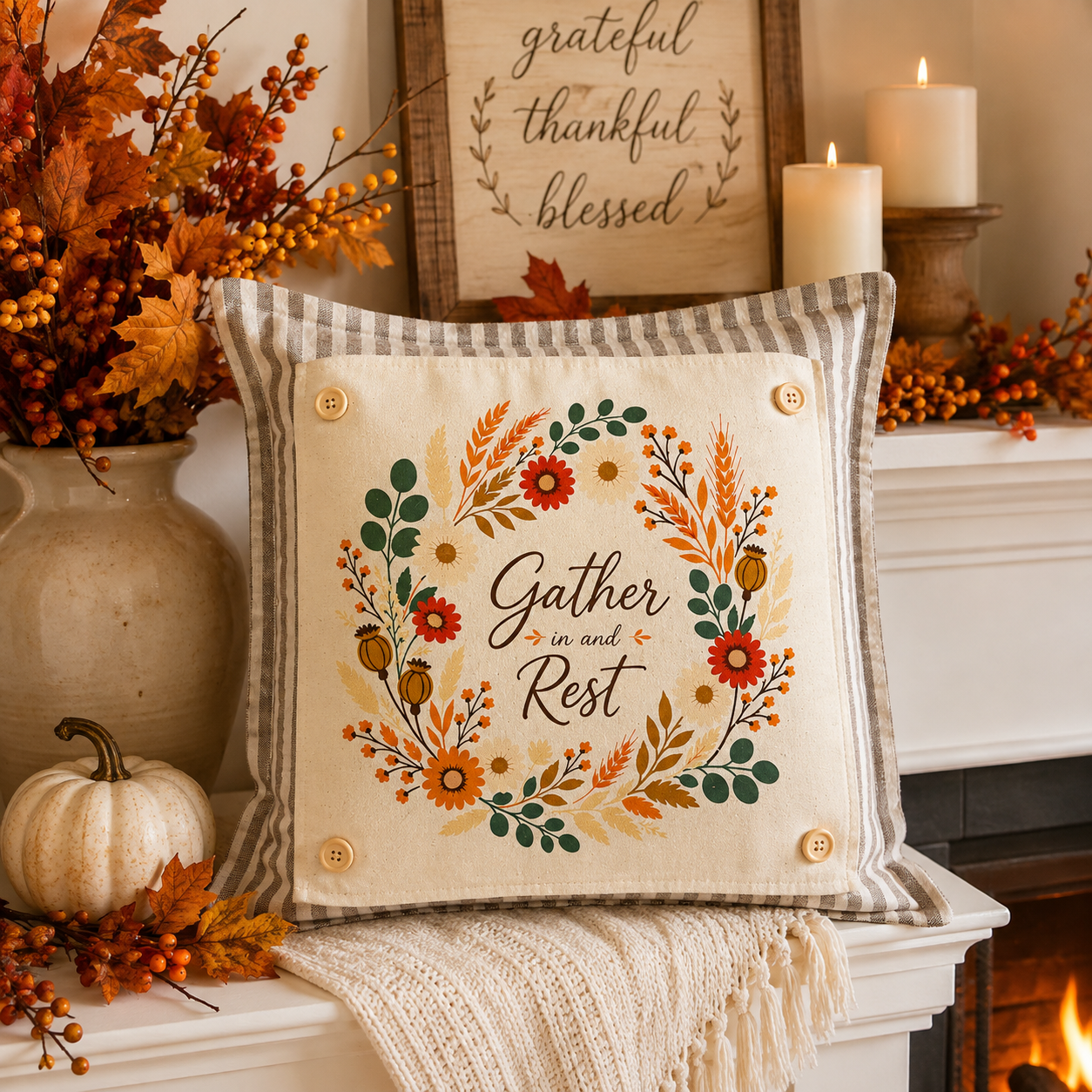 NEW!  PANEL ONLY: SQUARE Fall Autumn leaves wreath GATHER IN AND REST