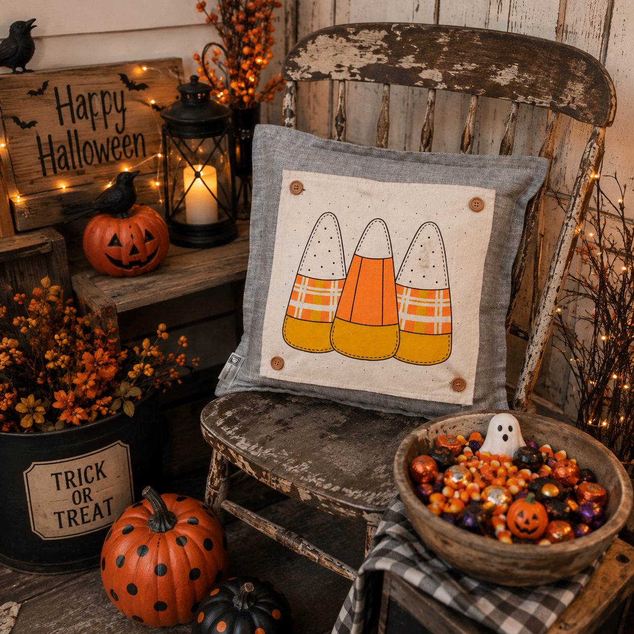 NEW!  PANEL ONLY: SQUARE Holiday Panel: Fall, Autumn Halloween October trio CANDY CORN CUTIES