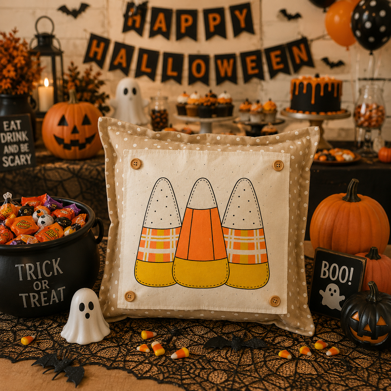 NEW!  PANEL ONLY: SQUARE Holiday Panel: Fall, Autumn Halloween October trio CANDY CORN CUTIES