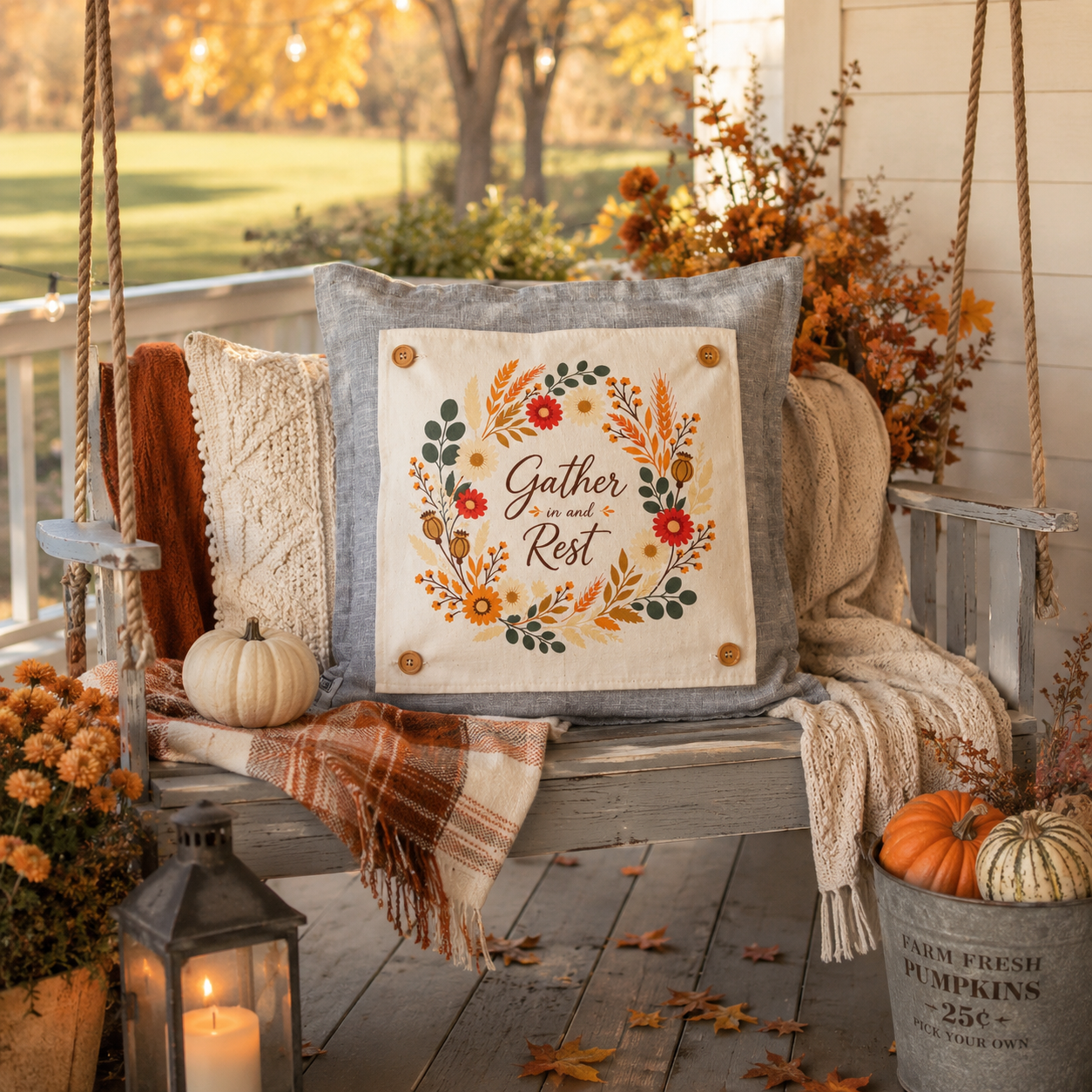 NEW!  PANEL ONLY: SQUARE Fall Autumn leaves wreath GATHER IN AND REST