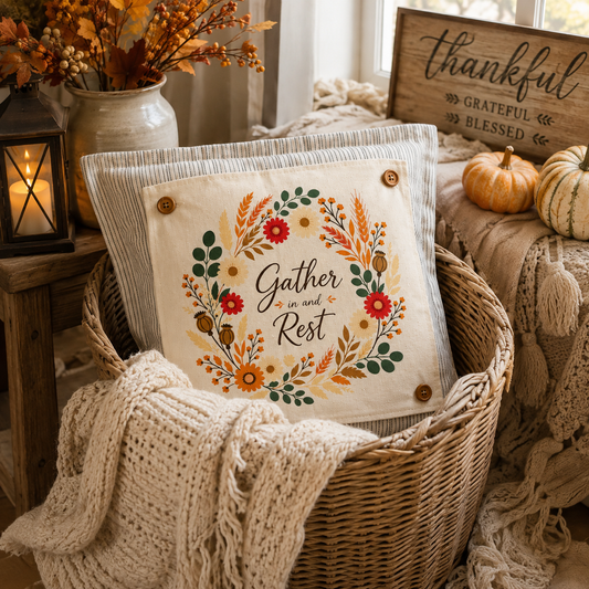 NEW!  PANEL ONLY: SQUARE Fall Autumn leaves wreath GATHER IN AND REST