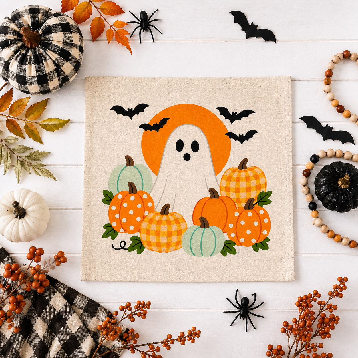 NEW!  PANEL ONLY: SQUARE Holiday Panel: Fall, Autumn Halloween October GHOST COSTUME in PUMPKIN PATCH