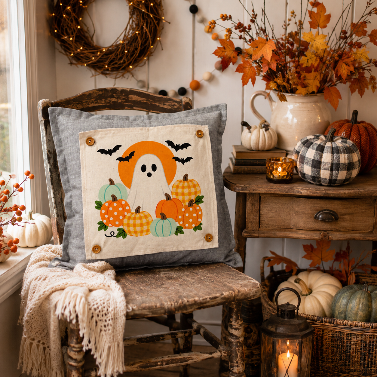 NEW!  PANEL ONLY: SQUARE Holiday Panel: Fall, Autumn Halloween October GHOST COSTUME in PUMPKIN PATCH