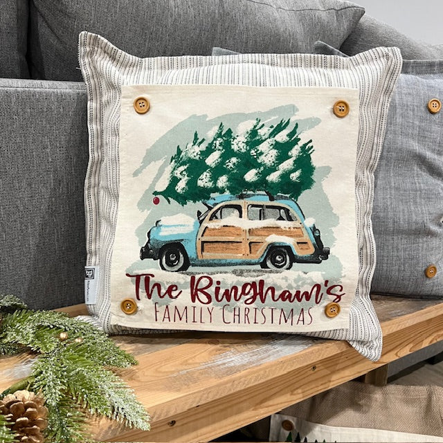 GIFT GUIDE:  FOR THE TRADITIONAL CHRISTMAS MOVIE LOVERS!   SQUARE GIFT SET: PERSONALIZED GLITTER CHRISTMAS TREE STATIONWAGON AND SQUARE CHARCOAL PILLOW