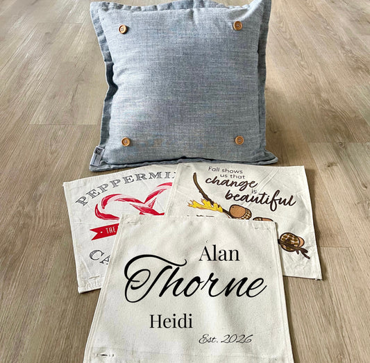 NEW! Custom Fall Wedding Gift Bundle:  2 seasons + SQUARE GRAY pillow + custom last name panel:  ACORN BRANCH, CANDY CANES, CUSTOM LAST NAME PANEL