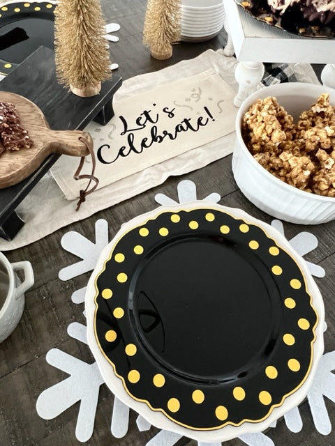 GIFT GUIDE:  FOR THOSE THAT COORDINATE THE PARTY!    GIFT PARTY PACKAGE BUNDLE: Holiday Pillow Cover Panel Winter: Runner Glitter Panel Combo LET'S CELEBRATE, HAPPY NEW YEAR + BUFFALO CHECK RUNNER