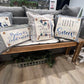GIFT GUIDE:  PERFECT FOR THE ONE WHO HAS EVERYTHING!   SQUARE  SET: TICKING STRIPES PILLOW (comes with foam insert and these 4 panels in back pocket); Winter Spring Summer Fall Autumn: SKI BENCH, HELLO PUMPKIN, LAND THAT I LOVE, SPRING DRIED FLOWERS