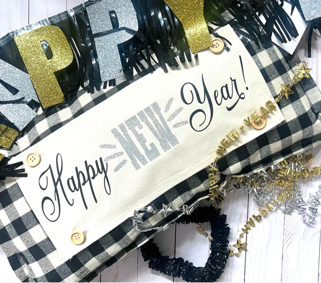 GIFT GUIDE:  FOR THOSE THAT COORDINATE THE PARTY!    GIFT PARTY PACKAGE BUNDLE: Holiday Pillow Cover Panel Winter: Runner Glitter Panel Combo LET'S CELEBRATE, HAPPY NEW YEAR + BUFFALO CHECK RUNNER