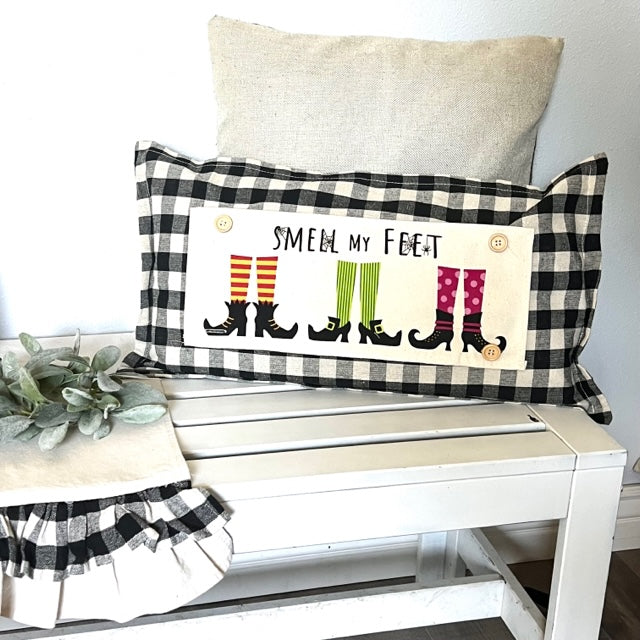 NEW! BUNDLE SET: Buffalo Check Gingham Pillow (comes w/ foam insert & these 3 panels in back pocket)  SMELL MY FEET, PUMPKIN PIE, CHRISTMAS TRUCK