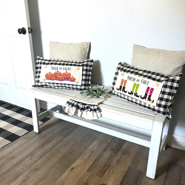 NEW! BUNDLE SET: Buffalo Check Gingham Pillow (comes w/ foam insert & these 3 panels in back pocket)  SMELL MY FEET, PUMPKIN PIE, CHRISTMAS TRUCK