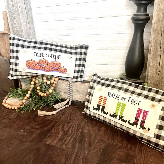 NEW! BUNDLE SET: Buffalo Check Gingham Pillow (comes w/ foam insert & these 3 panels in back pocket)  SMELL MY FEET, PUMPKIN PIE, CHRISTMAS TRUCK