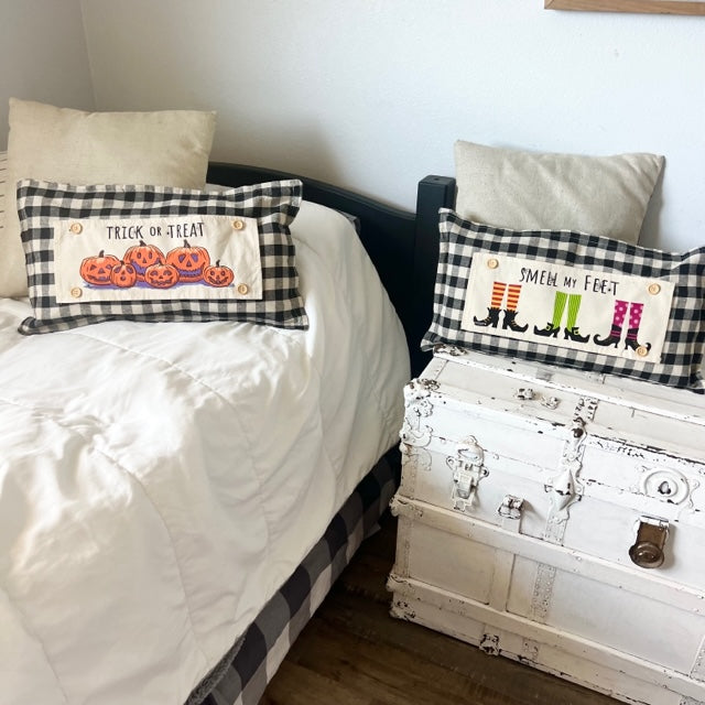 NEW! BUNDLE SET: Buffalo Check Gingham Pillow (comes w/ foam insert & these 3 panels in back pocket)  SMELL MY FEET, PUMPKIN PIE, CHRISTMAS TRUCK