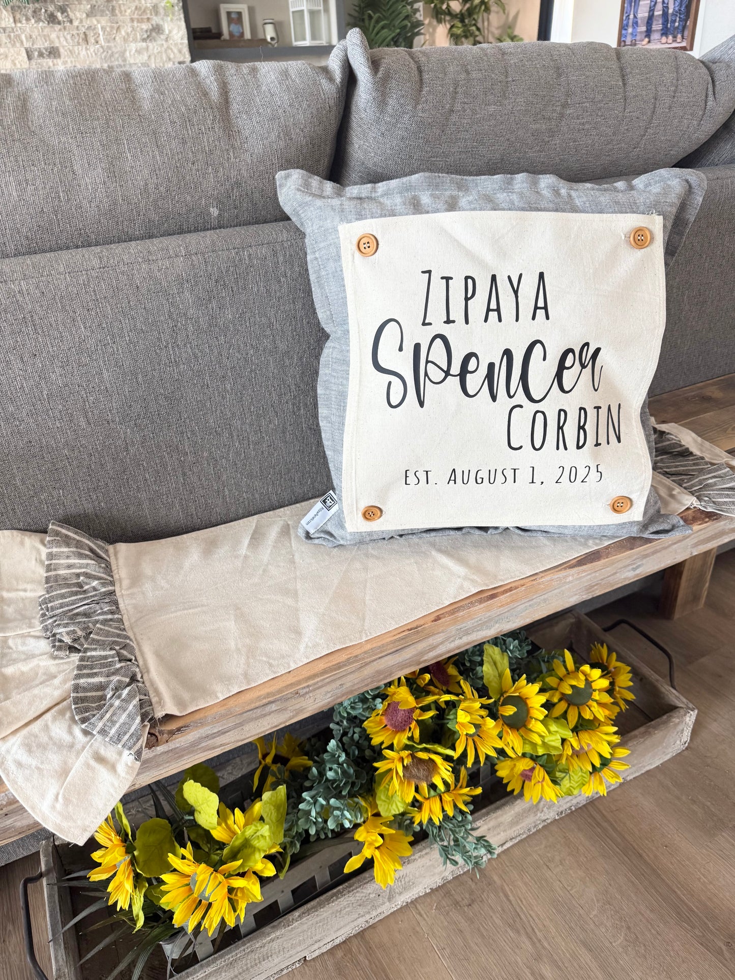 Custom Wedding Gift Bundle:  3 seasons + SQUARE GRAY pillow + custom last name panel:  PUMPKIN PATCH, SUMMER POPSICLES, VALENTINE HEARTS, CUSTOM LAST NAME PANEL