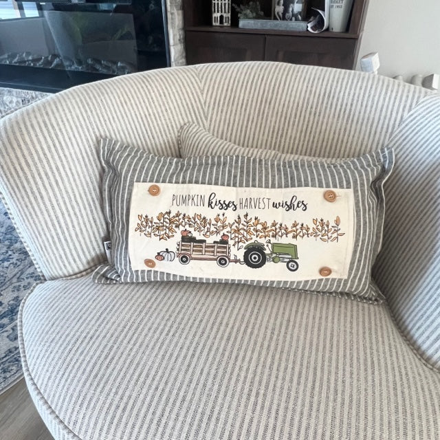 NEW! Custom FALL Wedding Gift Bundle:  3 seasons + CHARCOAL/GALVINIZED STRIPES pillow + custom last name panel & TRACTOR / SLEIGH RIDES / CUSTOM LAST NAME PANEL