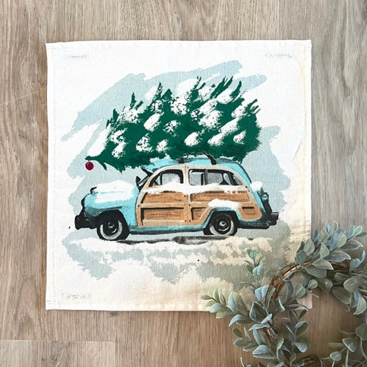 SQUARE Holiday Panel: Christmas Griswald Family Tradition Tree Cutting Snow Scene Winter Wonderland; VINTAGE STATION WAGON