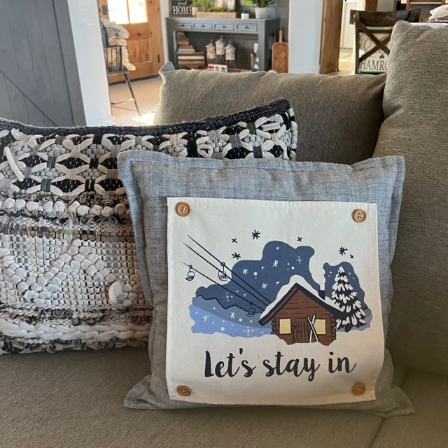 NEW! Custom Winter Wedding Gift Bundle:  2 seasons + SQUARE TICKING STRIPE pillow + custom last name panel:  SKI LODGE, HEARTS, CUSTOM LAST NAME PANEL
