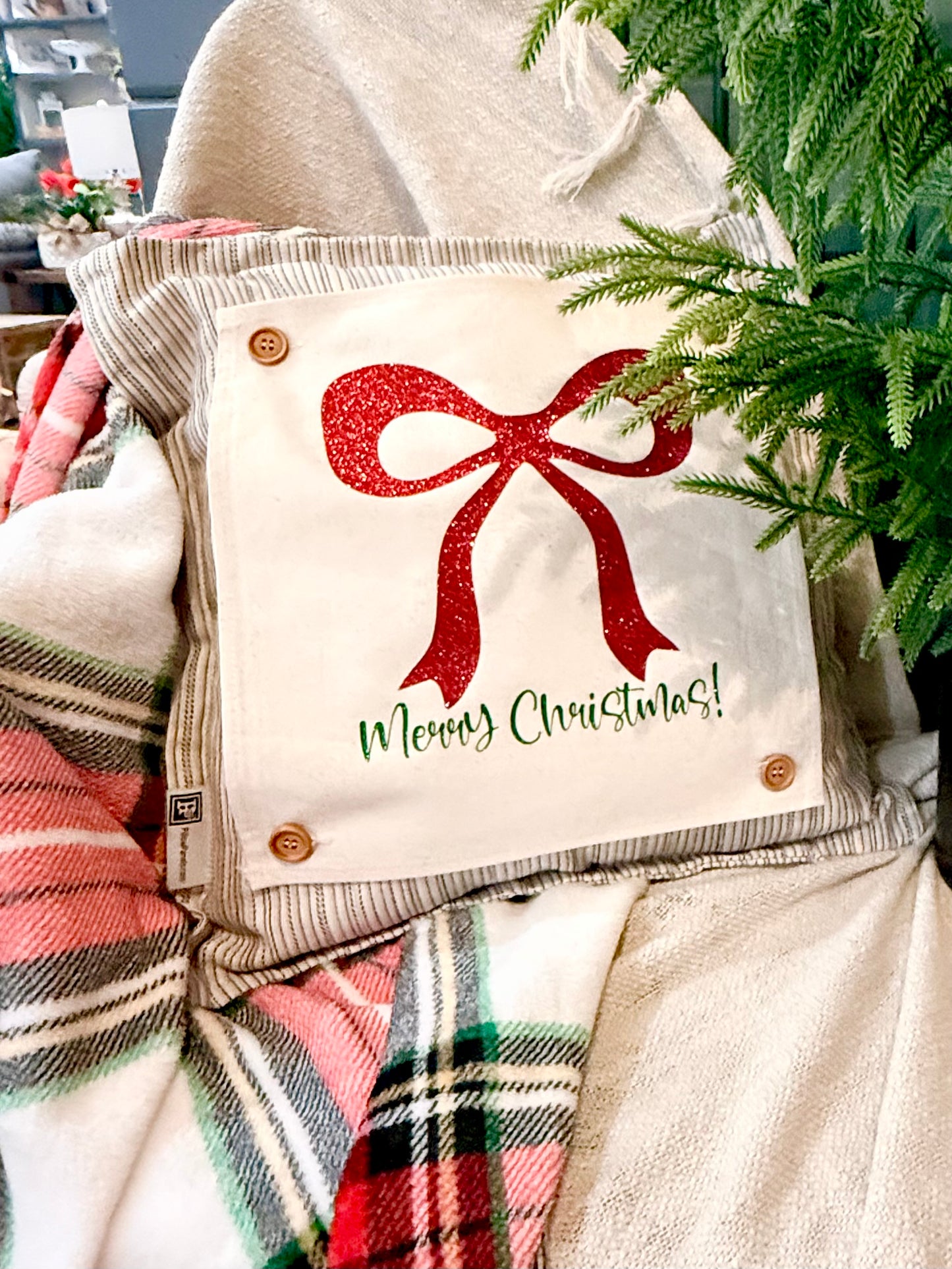 GLITTER PANEL ONLY: SQUARE Winter Bling Sparkle Twinkle Bling Glitz Confetti Green Merry Christmas Bow RED RIBBON