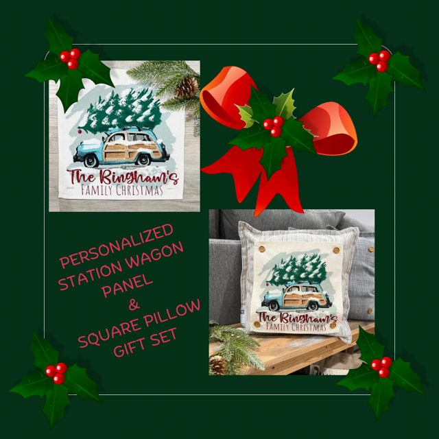 GIFT GUIDE:  FOR THE TRADITIONAL CHRISTMAS MOVIE LOVERS!   SQUARE GIFT SET: PERSONALIZED GLITTER CHRISTMAS TREE STATIONWAGON AND SQUARE CHARCOAL PILLOW