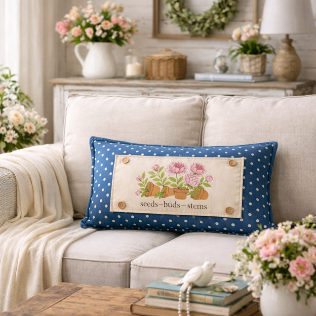 PILLOW ONLY RECTANGLE denim country blue with white polka dots: BLUE POLKA-DOT PILLOW (with fluffy insert)