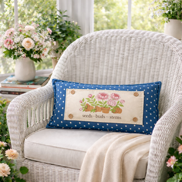 PILLOW ONLY RECTANGLE denim country blue with white polka dots: BLUE POLKA-DOT PILLOW (with fluffy insert)