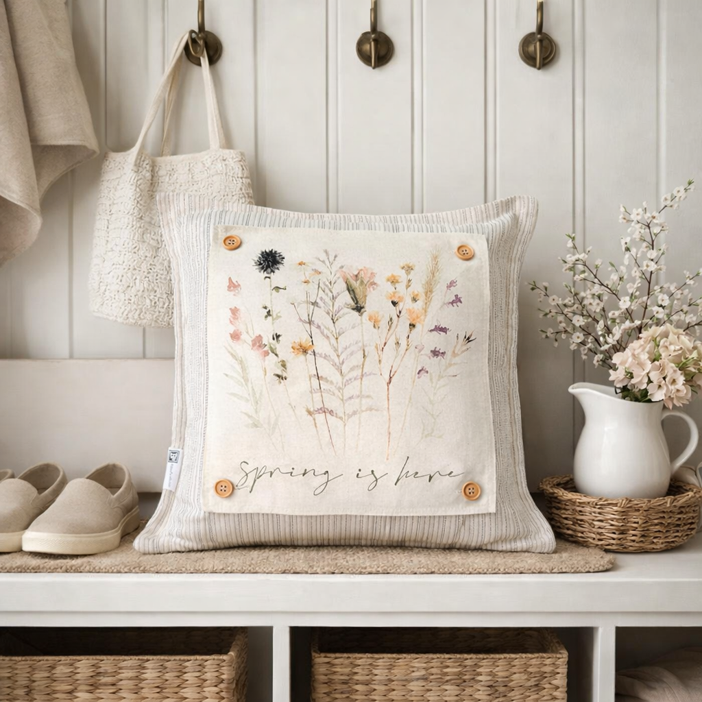 PILLOW ONLY: SQUARE Ticking Stripes Pillow;  CREAM/BLACK/TAN TICKING STRIPES PILLOW (with insert)