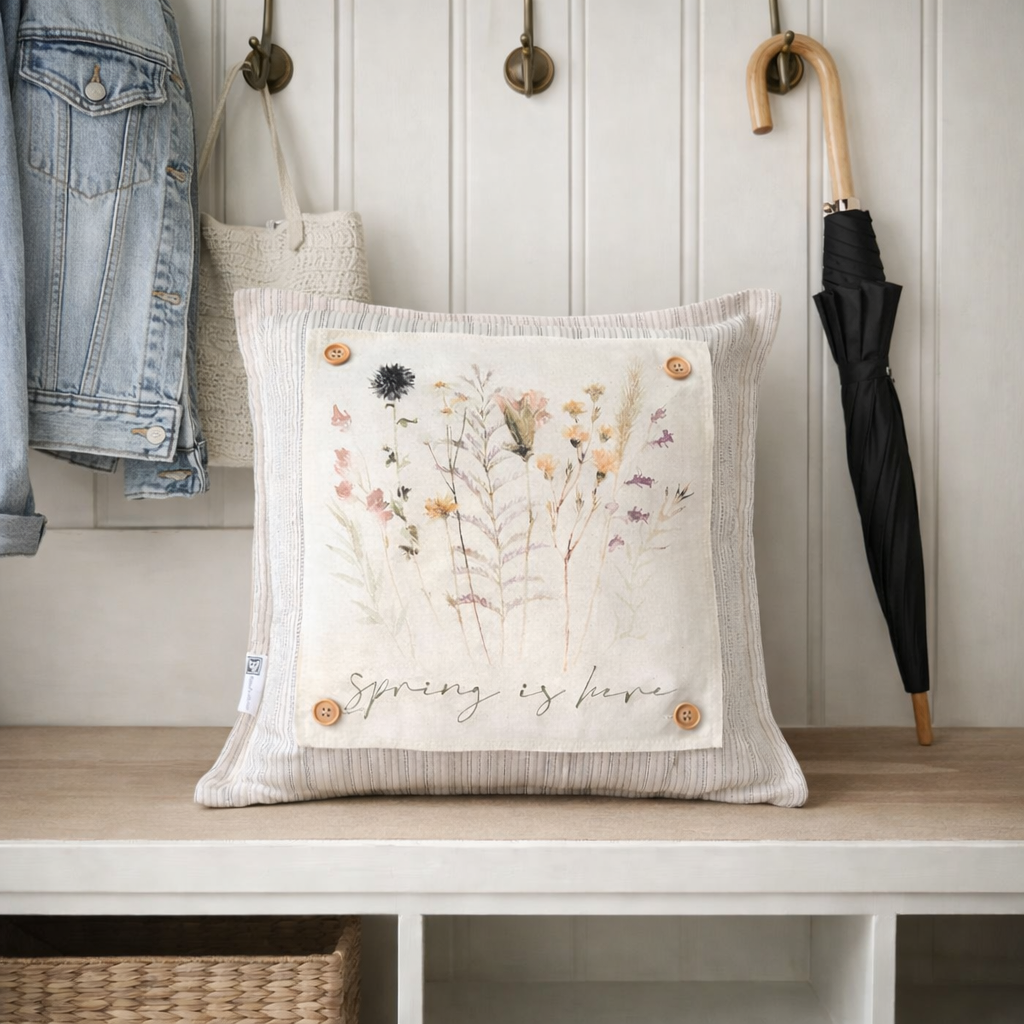 NEW! SQUARE BUNDLE SET: TICKING STRIPES PILLOW (comes with foam insert and these 3 panels in back pocket); Winter : SKI BENCH, HEARTS, PRESSED FLOWERS