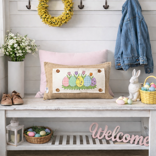 PANEL ONLY: RECTANGLE Spring, Pastel, Bunny, Buffalo Check, Checkered  Gingham; PASTEL QUILTED EGGS  with TUILIPS