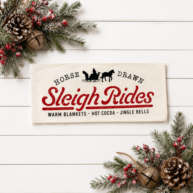 PANEL ONLY: RECTANGLE Winter; Vintage Christmas Santa Sleigh One Horse Drawn Ride; SLEIGH RIDE