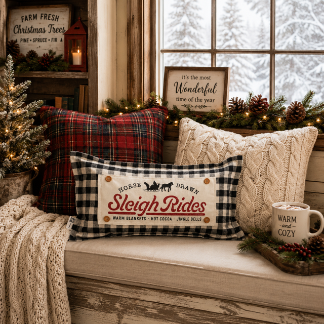 PANEL ONLY: RECTANGLE Winter; Vintage Christmas Santa Sleigh One Horse Drawn Ride; SLEIGH RIDE