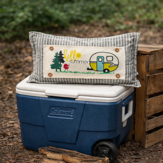 PANEL ONLY: RECTANGLE Hello BBQ Summer Vintage Camping Yellow Sunshine Camper, SUMMER CAMPER