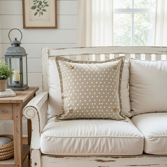 PILLOW ONLY: SQUARE Tan with white polka-dot spots Pillow; WHITE/TAN POLKA DOT PILLOW (with insert)