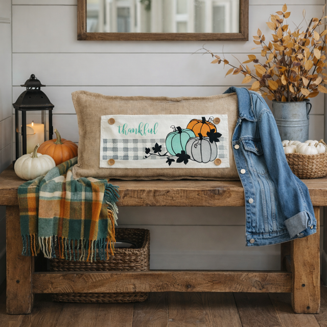 PANEL ONLY: RECTANGLE for throw pillow Autumn Thanksgiving Pumpkins Cider Bless Gratitude Gingham THANKFUL PUMPKIN