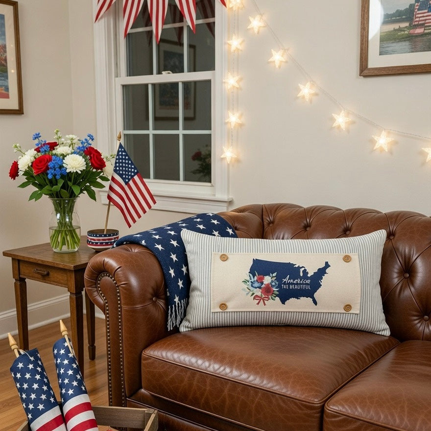 PANEL ONLY: RECTANGLE Summer; Picnic Table Cloth Stars Stripes America, Red, White, Blue; USA MAP