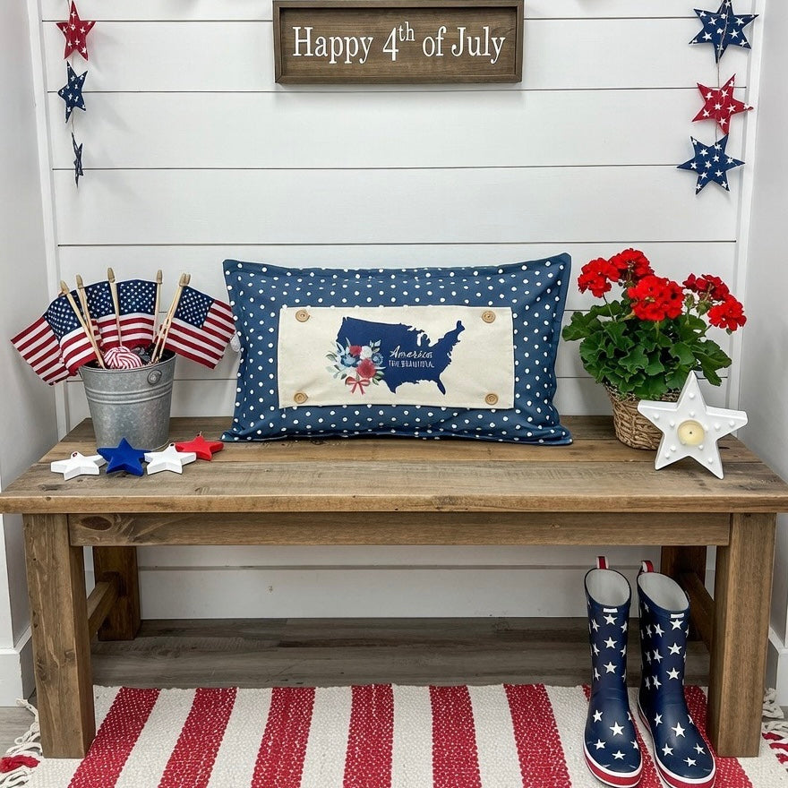 NEW! RECTANGLE SUMMER/FALL BUNDLE:  3 seasons +BLUE POLKA DOT pillow:  HELLO CHERRY, USA MAP, HOME SWEET HOME
