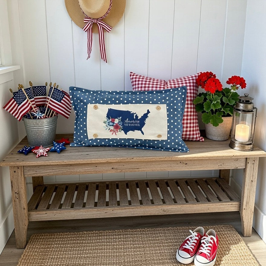NEW! RECTANGLE SUMMER/FALL BUNDLE:  3 seasons +BLUE POLKA DOT pillow:  HELLO CHERRY, USA MAP, HOME SWEET HOME
