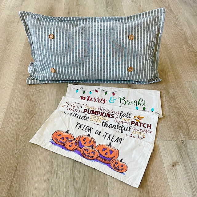 NEW BUNDLE SET: CHARCOAL & CREAM STRIPES Pillow (comes with foam insert and these 3 panels in back pocket); Winter Spring Summer Fall Autumn; TRICK OR TREAT, SUBWAY, MERRY & BRIGHT